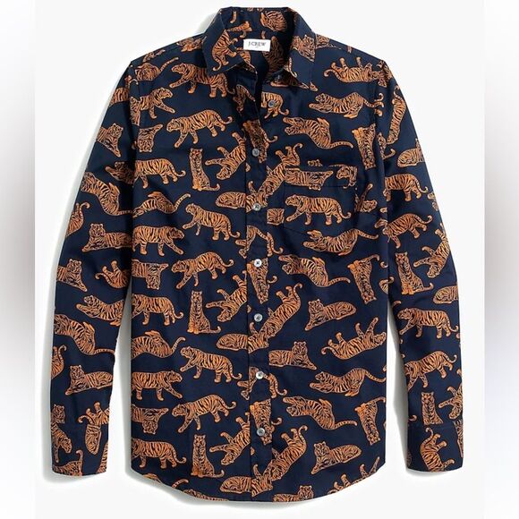 J. Crew S Navy Caramel Brown Tiger Print Signature Fit Stretch Cotton Shirt - Picture 1 of 13